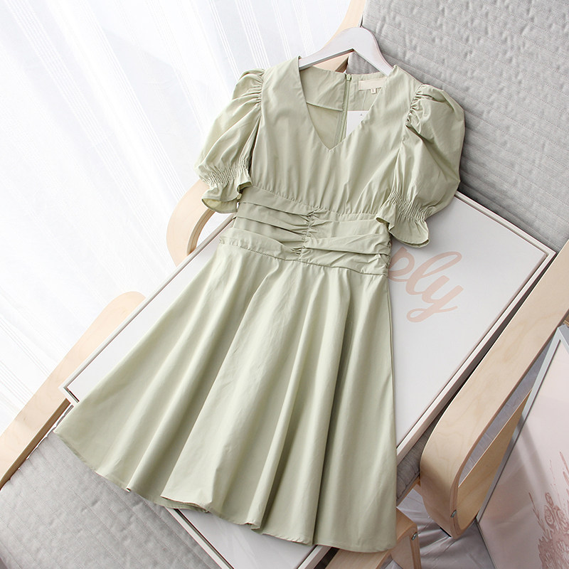 春夏新品女装修身x型收腰棉质连衣裙休闲v领泡泡袖短袖裙子小清新