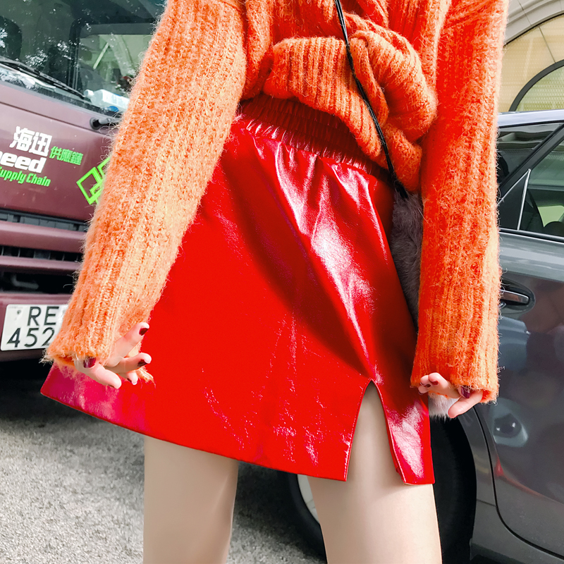 时尚pu皮裙女春季2022新款红色漆皮高腰百搭短裙子a字半身裙网红