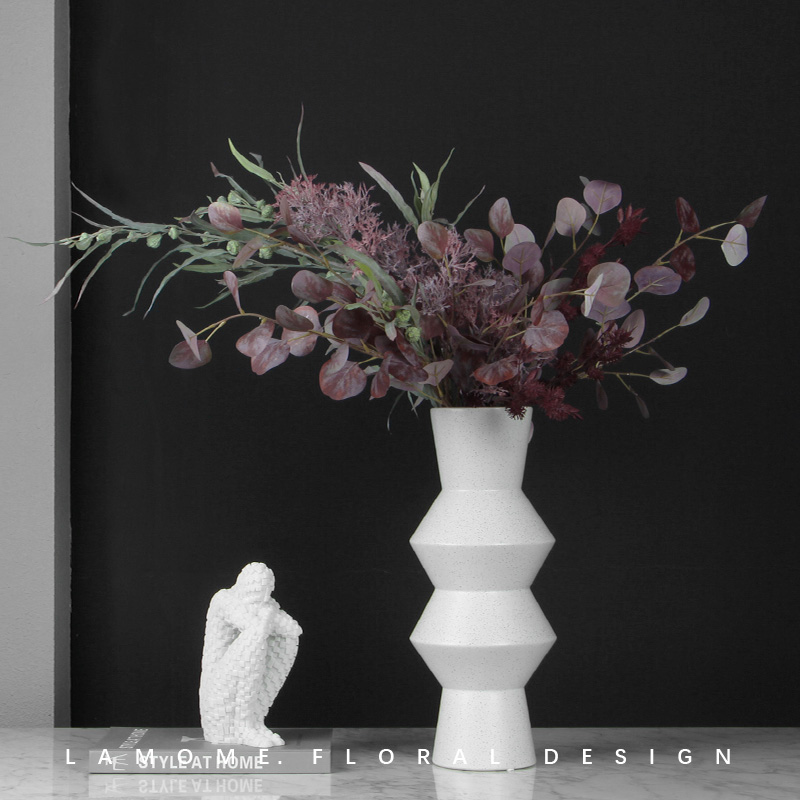 简约现代创意陶瓷花瓶莫兰迪色橘色磨砂插花花器摆件仿真尤加利叶