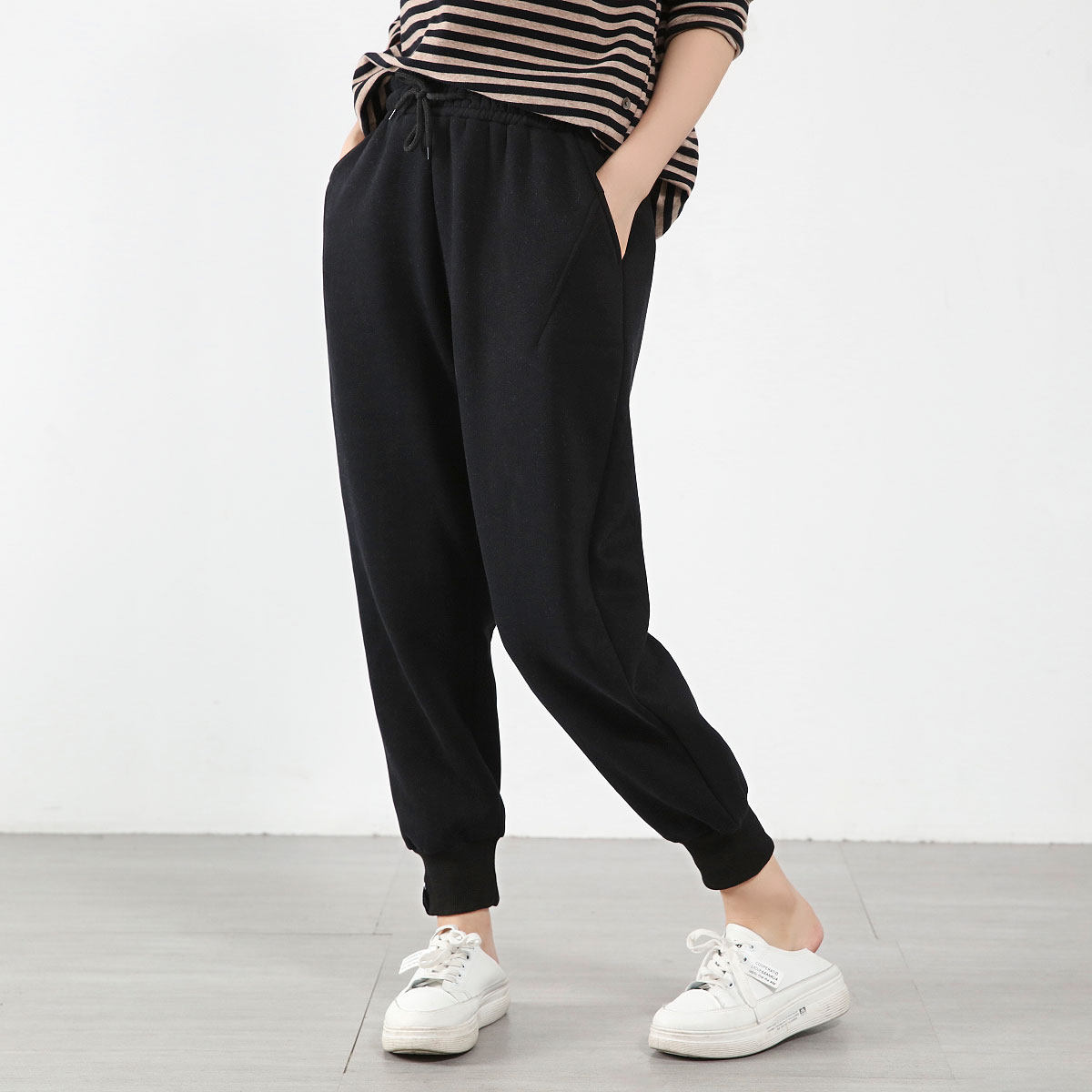 2020新款休闲裤女秋季新款高腰显瘦宽松垂坠感加绒哈伦运动长裤女