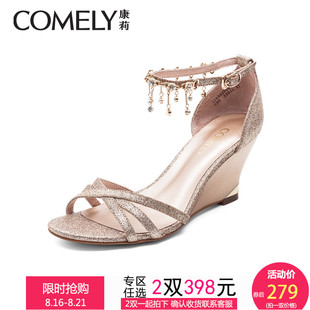 burberry巴寶莉排行 comely 康莉康莉夏新款金色低幫露趾女涼鞋 一字扣帶坡跟超高跟鞋 burberry珠寶