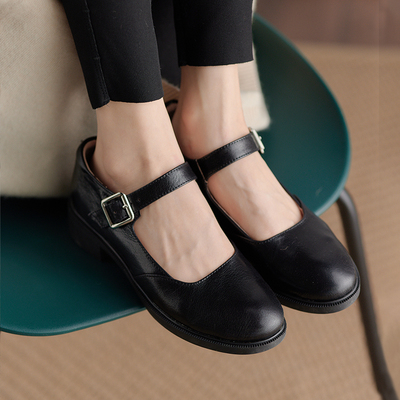 林印象2021春秋款软底圆头中跟单鞋纯色一字扣带粗跟简约小皮鞋女