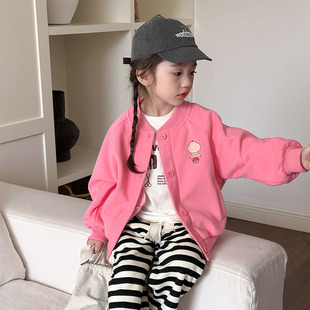 女童时髦外套2024春秋季新款儿童粉色棒球服运动上衣开衫洋气夹克