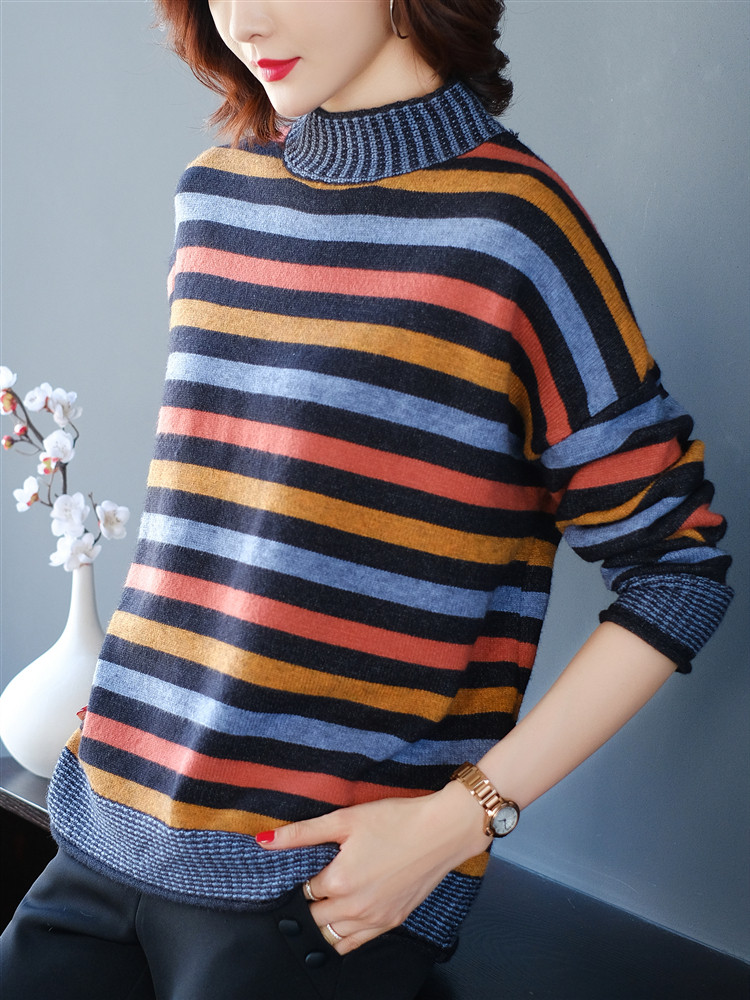 一折横条纹针织衫女大码_拼色宽横条纹毛衣女2019新款大码女装秋冬
