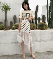 实拍 韩版chic风新款人像复古短袖T恤+拼接波点中长a字裙半身裙