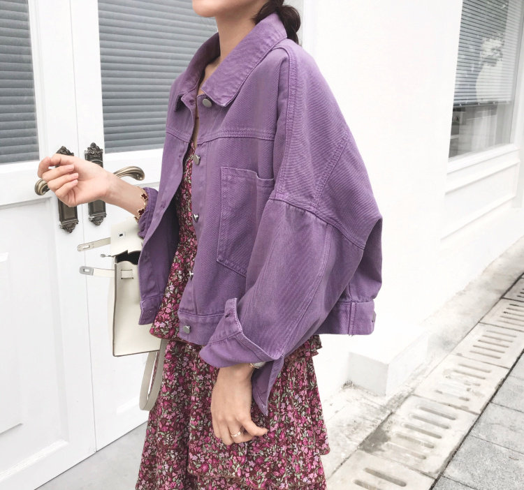 韩国新款 小个子流行牛仔外套女宽松休闲bf夹克上衣 紫色优惠券