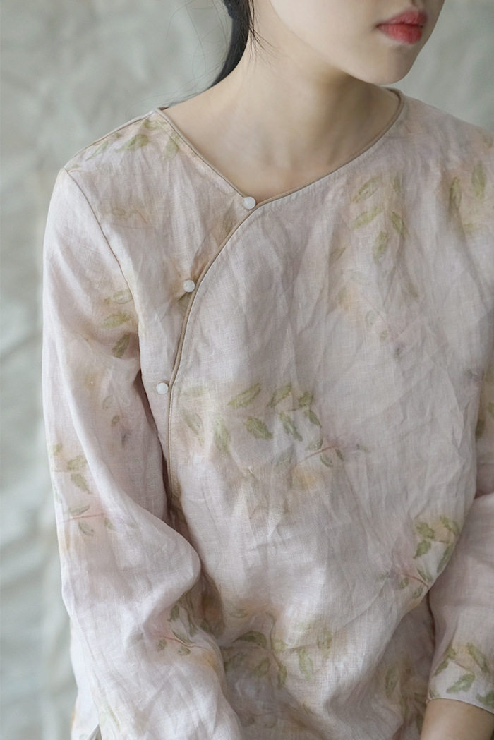 古风亚麻斜襟清雅上衣女中式印花文艺茶服珠扣衬衫修禅服苎麻短衫
