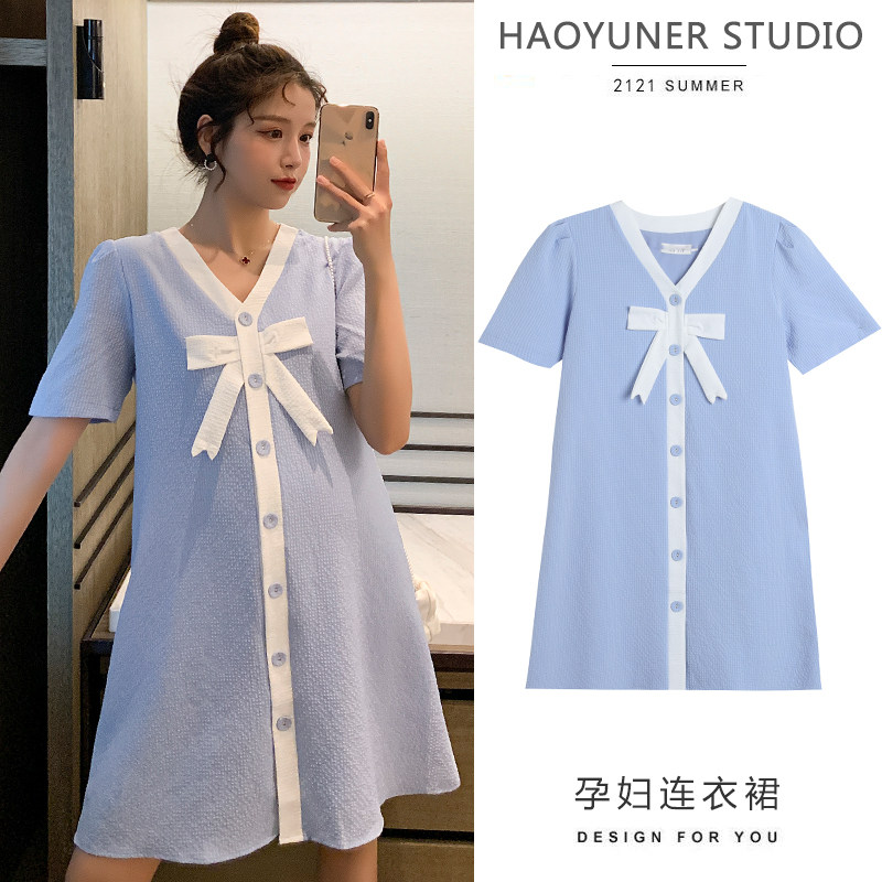 实拍大量现货2021V领蝴蝶结孕妇连衣裙女单排扣A字裙中短款裙大码