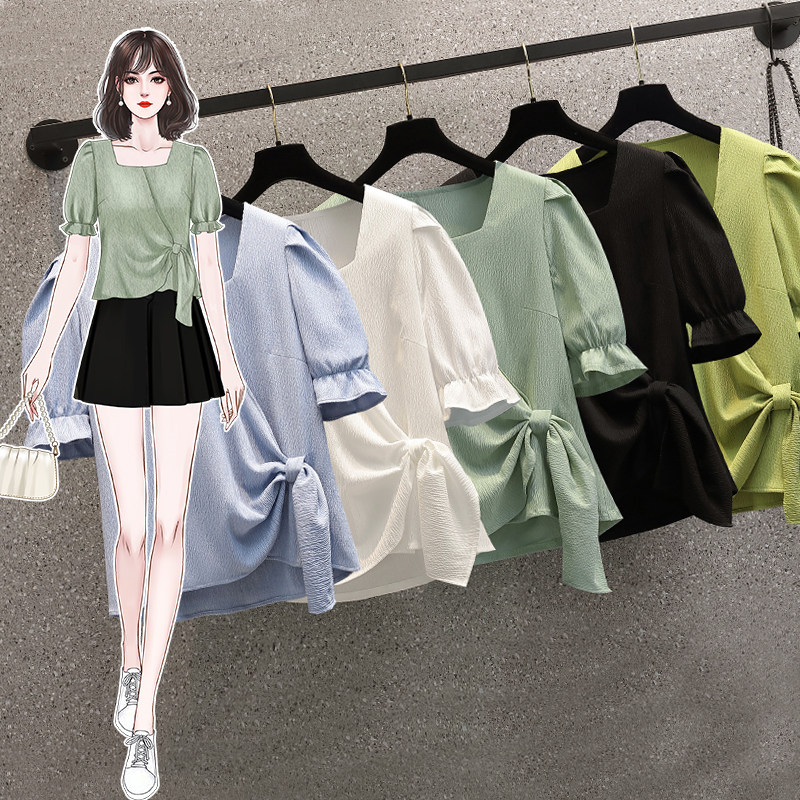 PF14947#夏季胖mm大码气质纯色时尚短袖法式通勤上衣衬衫小衫