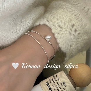 韩国小巧淑女气质风饰品 S925纯银双层设计水滴珍珠手链 叠戴高级