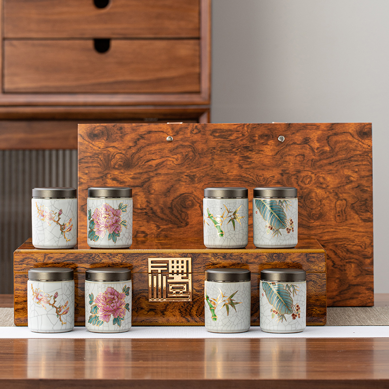 木盒复古陶瓷8小罐装高档茶叶包装盒空盒红茶绿茶碎银子通用礼盒