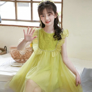 女童连衣裙夏季刺绣儿童公主裙绿色短袖洋气礼服童装小女孩纱裙潮