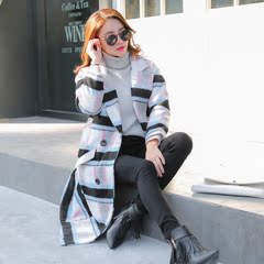 【清】韩版2016秋冬季新款格子毛呢外套女中长款长袖学生呢子大衣