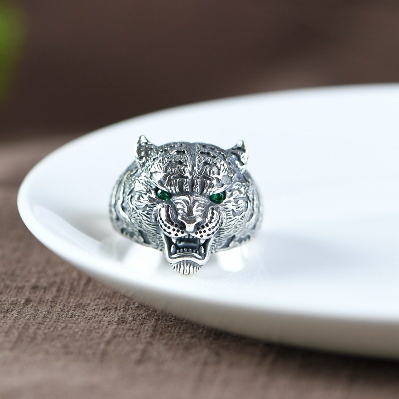 霸气纯银老虎戒指复古做旧银饰饰品925银虎戒生肖虎指环男士开口