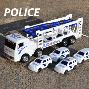 警车玩具大号惯性模型仿真汽车双层运输车大号平板卡车含小车