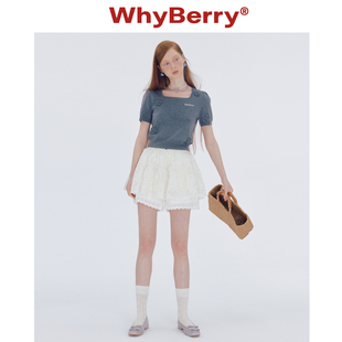 WhyBerry24SS“玫瑰奶乌”方领玫瑰花针织衫纯色短袖上衣女夏甜美