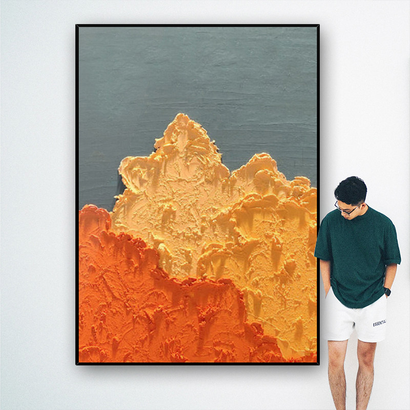 手绘油画 现代简约 轻奢厚肌理挂画 立体抽象装饰画《橙色海浪》