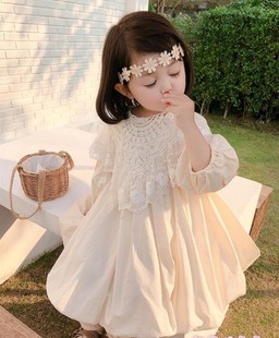 女童连衣裙2023春秋装新款韩版蕾丝女宝公主裙长袖纯色儿童裙子