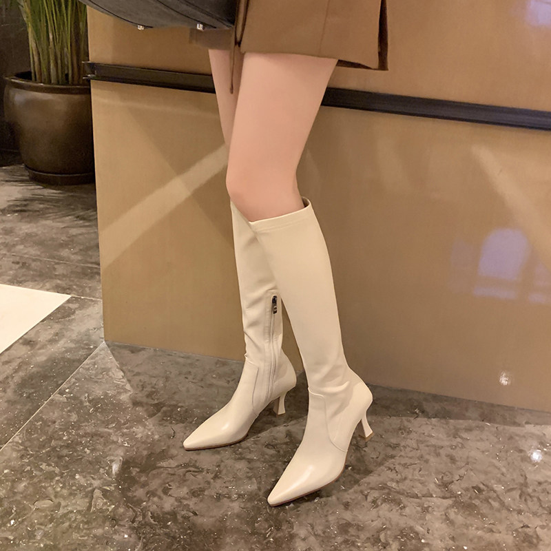 米白色长靴女不过膝高跟靴子中筒靴小个子长筒靴 150矮个子高筒靴
