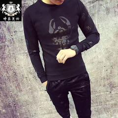 2016秋冬款男装加绒T恤蝎子图腾个性图案印花韩版修身男士长袖T恤