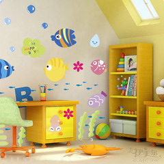 无味卡通儿童房卧室背景墙贴纸墙画装饰画 海底世界鱼