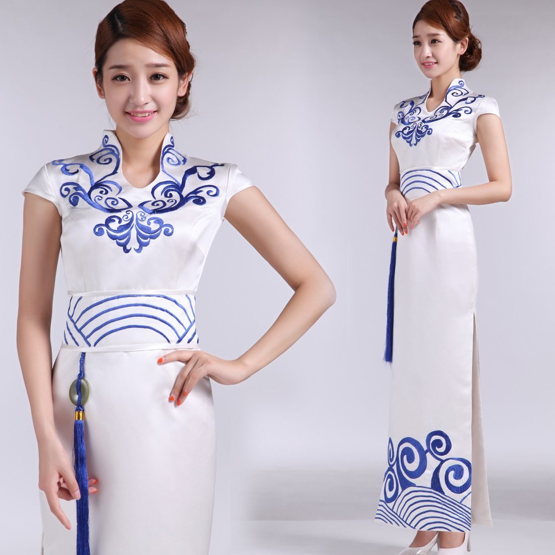 苏雅琪礼仪旗袍长款服装迎宾小姐青花瓷旗袍红色长款酒店礼仪服装
