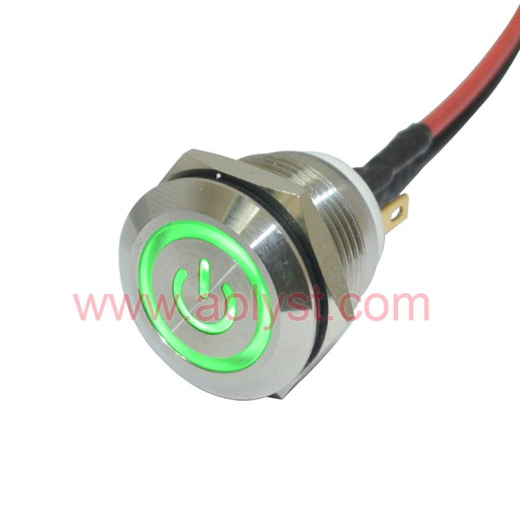 汽车改装开关12V 金属开关 电源符号 开孔19MM 绿灯/点动开关