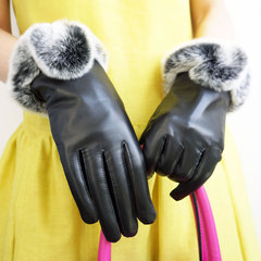 汀汀皮草女士手套冬季保暖可爱绵羊皮手套獭兔毛手套绒里真皮手套