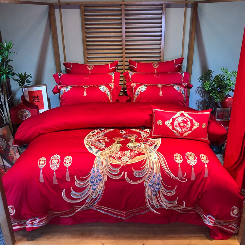 高端结婚全棉100支贡缎提花刺绣四件套十件套中式大红色婚庆床品