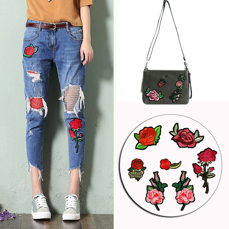 一折羽绒服破洞修补贴刺绣_小号玫瑰花朵刺绣布贴补丁衣服羽绒服t恤