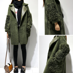 2016冬装新品韩版时尚宽松显瘦中长款加厚羊羔毛拼接外套