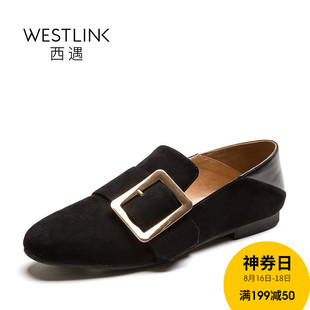 香奈兒專屬禮遇是什麼 WESTLINK西遇女鞋2020春季新款反絨金屬方扣拼接一腳蹬單鞋女平底 香奈兒買什麼包