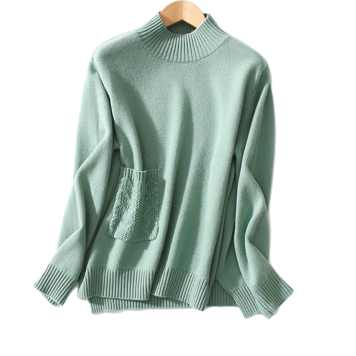 高领口袋饰针织衫套头毛衣
