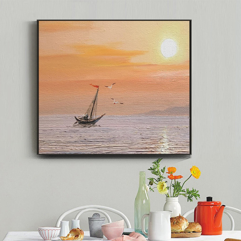 纯手绘油画日出装饰画大海风景壁画北欧玄关客厅挂画厚油大幅手工