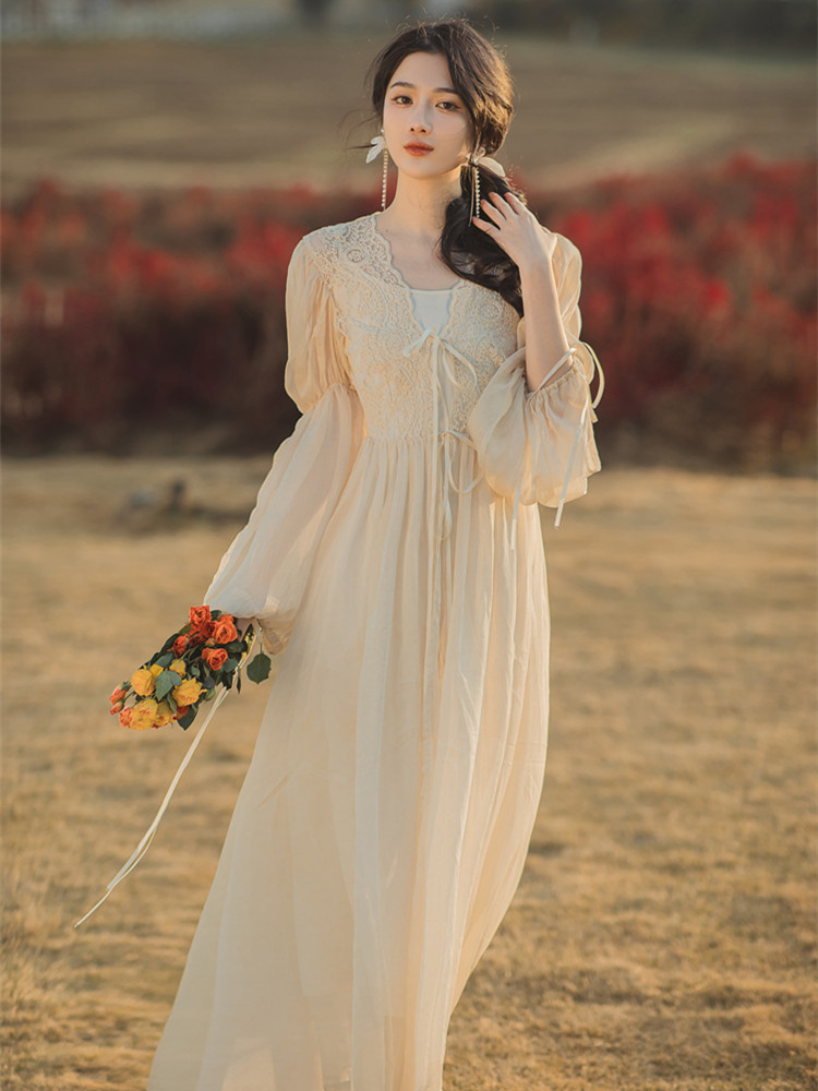 2022早春法式浪漫复古宫廷风仙女雪纺两件套系带连衣裙飘逸长裙