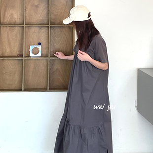 薇语大码女装法式慵懒风短袖裙子2024夏新款中长款纯色宽松连衣裙