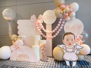 女孩子一周岁生日宴气球布置KT板背景墙成品定制酒店包厢装扮粉色