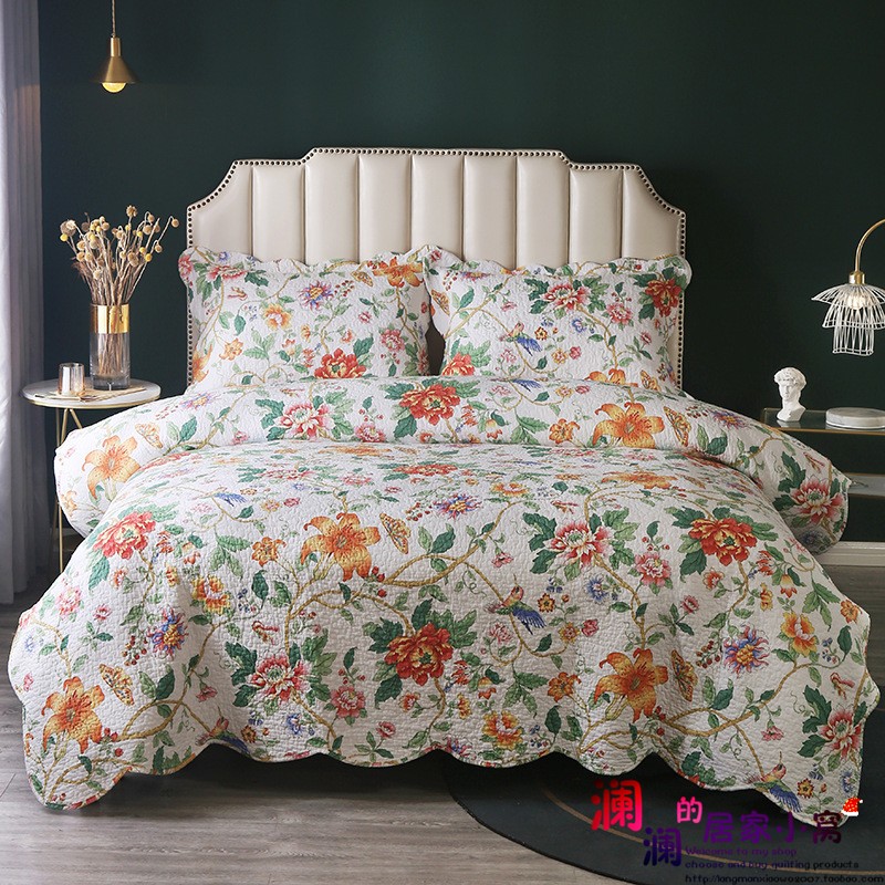 花开富贵韩式田园纯棉绗缝被三件套床盖床罩空调被夏凉被