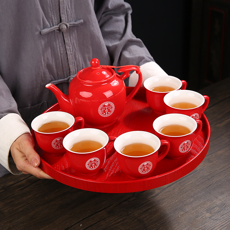结婚红色陶瓷茶具套装婚庆敬茶杯子喜碗茶壶改口茶杯新婚陪嫁礼品