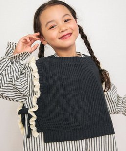 日本 BREEZE 2023秋 女童装宝宝条纹泡泡袖连衣裙针织毛线马甲套