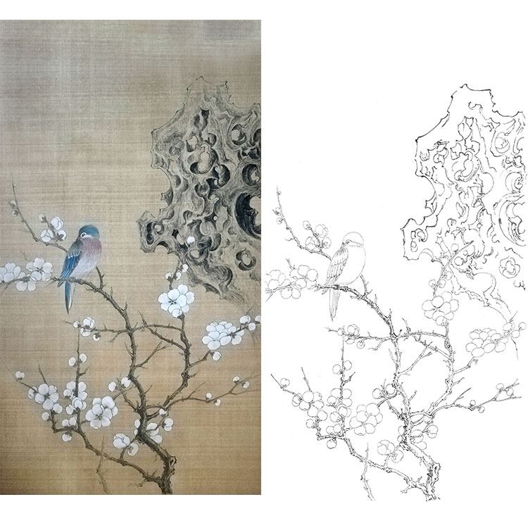 工笔画白描底稿梅花楚彦春复古风花鸟勾线实物国画