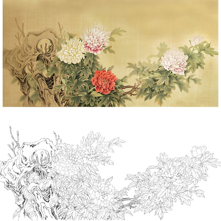 工笔画白描底稿牡丹楚彦春复古风花鸟勾线实物国画