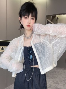 RR fashion 外套女2024夏季新款设计感蕾丝网纱短款长袖拉链上衣