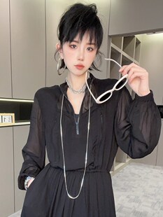 RR fashion 长袖连衣裙女2024夏季新款法式纯色薄款半拉链长裙