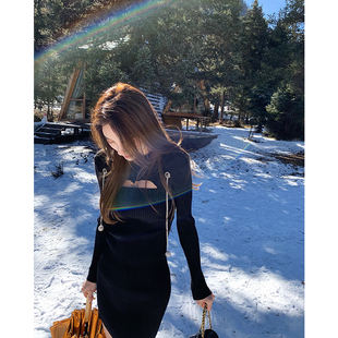 潘宁static 显瘦气质内搭打底裙 黑色针织连衣裙女秋冬两件套修身