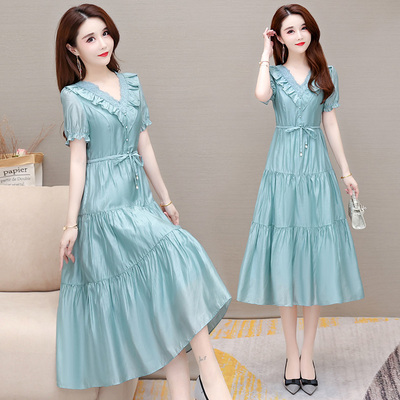 蓝色雪纺薄款夏季夏女装女装减龄名牌长款裙子连衣裙