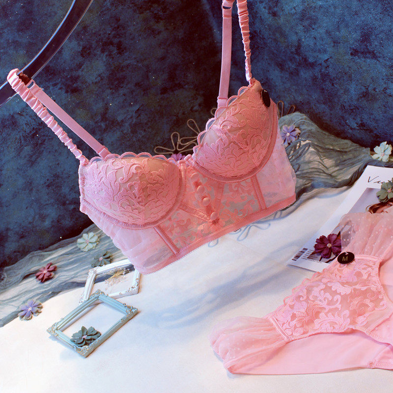 纯欲粉色少女内衣小胸聚拢软钢圈调整型收副乳文胸罩套装性感蕾丝