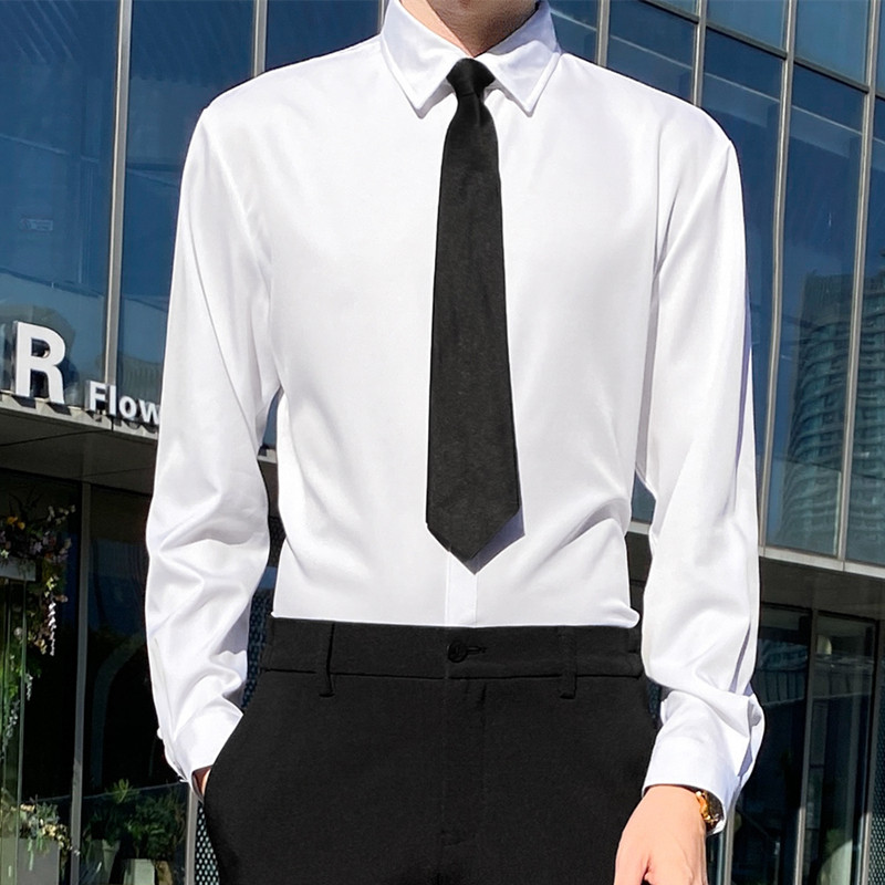 白衬衫男ins韩版修身垂感长袖无口袋衬衣上班正装黑西裤一套商务