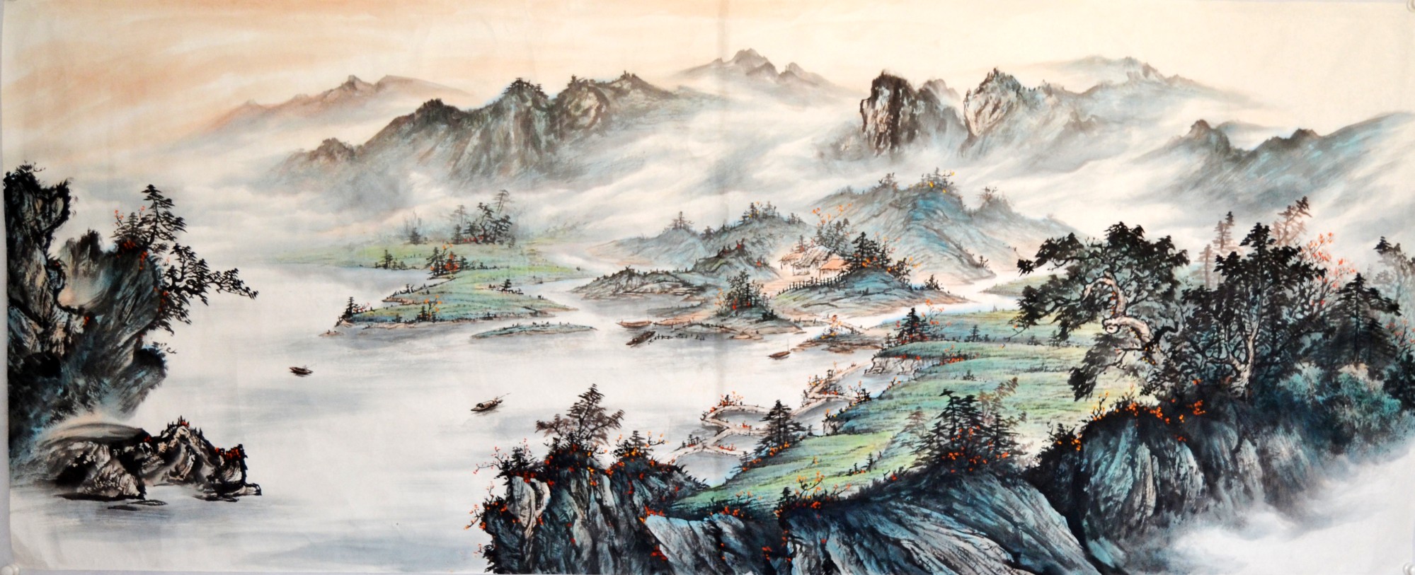 伍格润小八尺中国画山水画大堂无款淡彩手绘字画横幅客厅装饰风景