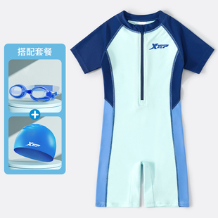 特步儿童泳衣男童连体2024年夏新款中大童青少年专业游泳套装备